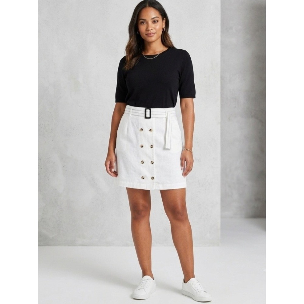 Breal‎ White Linen Blend Button Front Belted A-Line Skirt Size 36 NEW